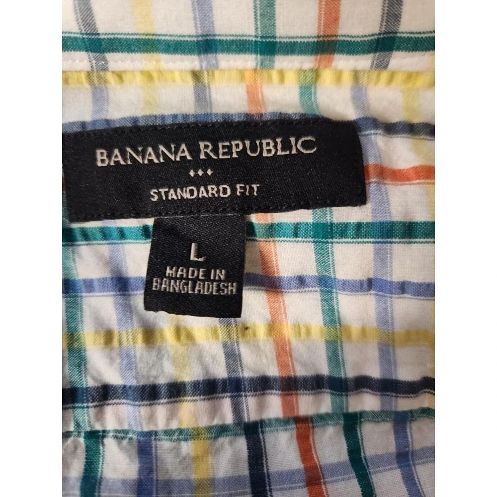 Banana Republic Seersucker Shirt‎ Men Sz Large Stripe Button Short Sleeve Casual